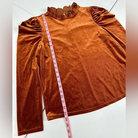 Shein Clasi Frill Trim Puff Sleeve Velvet Blouse Rust Brown Burnt Orange - Picture 6 of 10